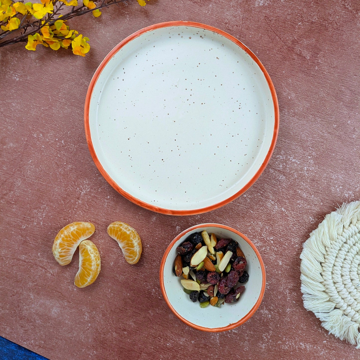 Zest for the Best I Orange Rim Ceramic Plate & Bowl Set