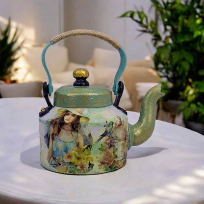 Girl on the Kettle – Hand-Painted Kettle Statement Piece
