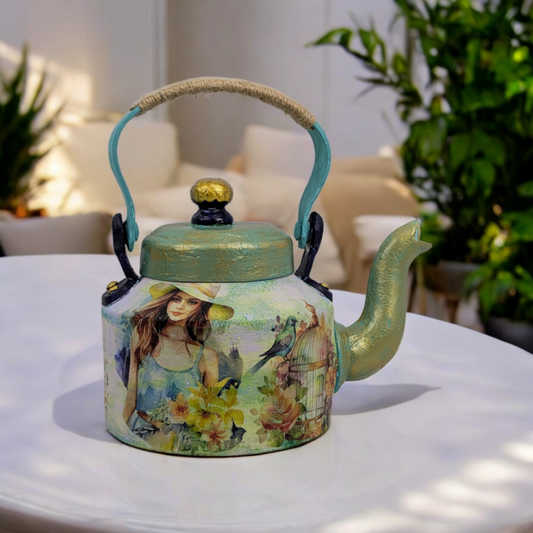 Girl on the Kettle – Hand-Painted Kettle Statement Piece