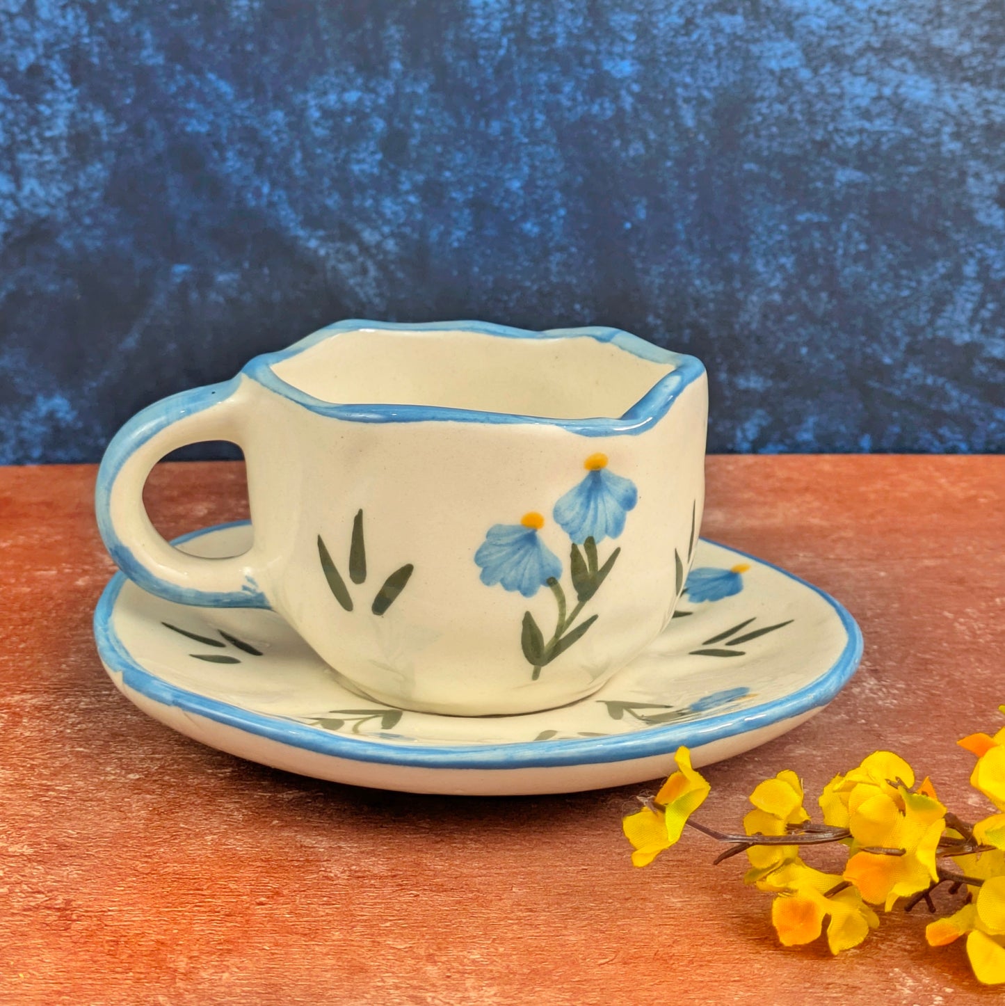 Blue Bloom Ceramic Mug with Saucer