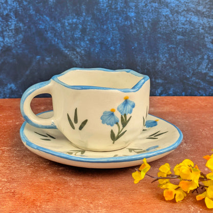 Blue Bloom Ceramic Mug with Saucer