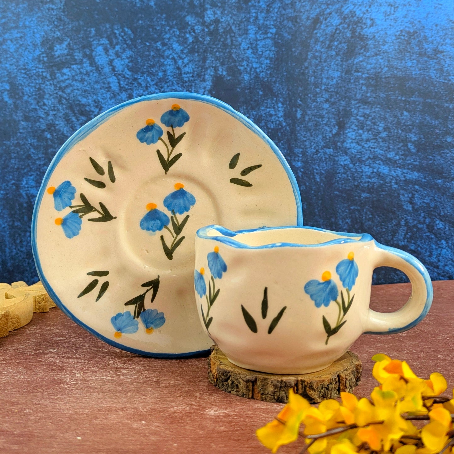 Blue Bloom Ceramic Mug with Saucer