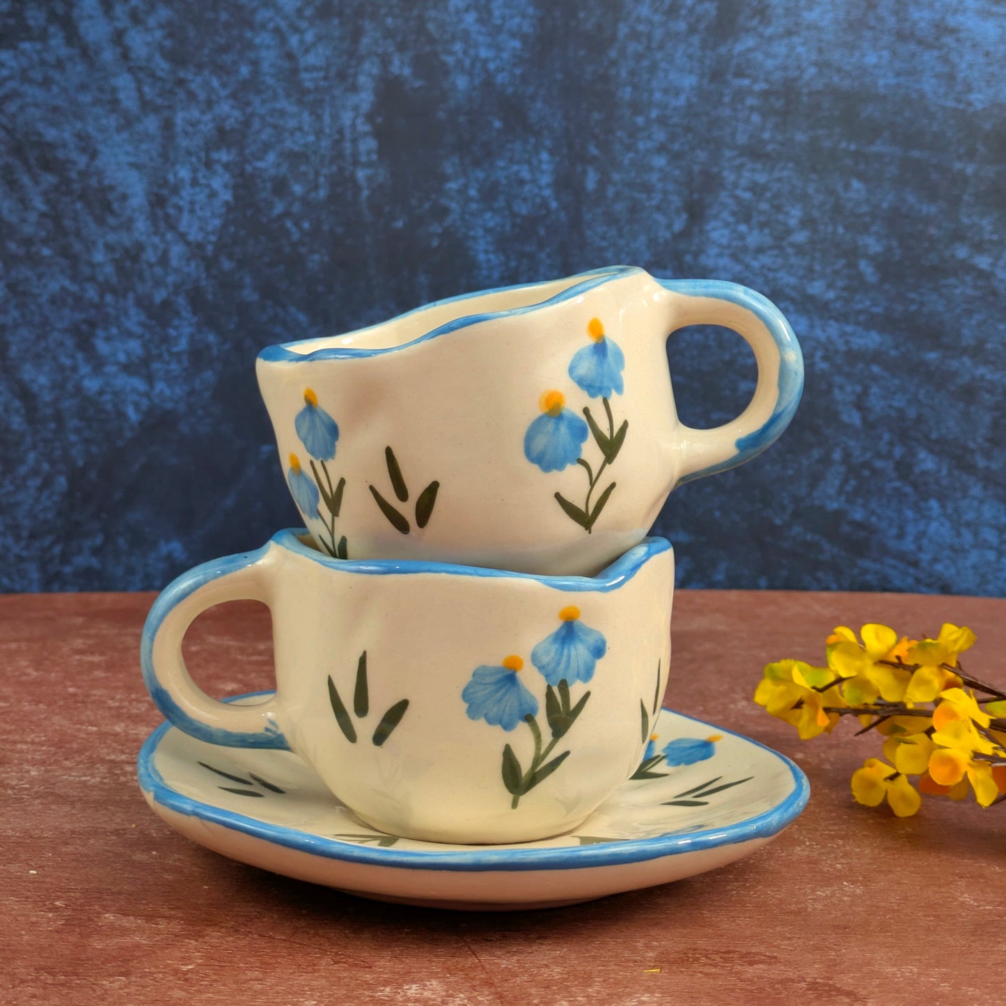 Blue Bloom Ceramic Mug with Saucer