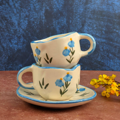 Blue Bloom Ceramic Mug with Saucer